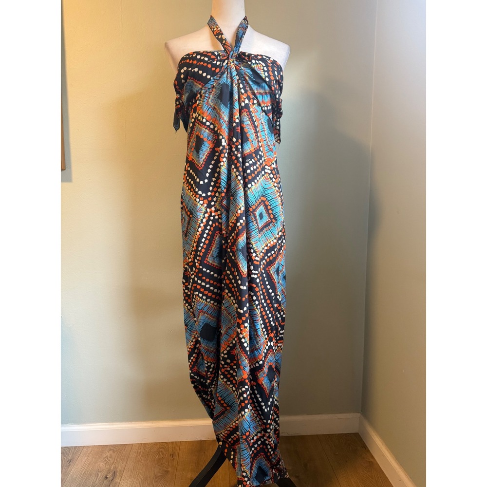 Band of Gypsies Maxi Dress Halter Neck Boho Blue Orange‎ L flowy resort vacation